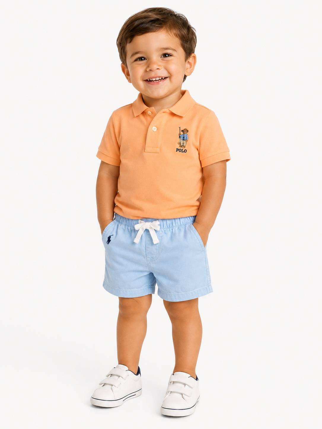 Baby Boy's 2-Piece Polo Bear Mesh Polo & Chambray Shorts Set - Fair Orange Chambray - Size 3 Months