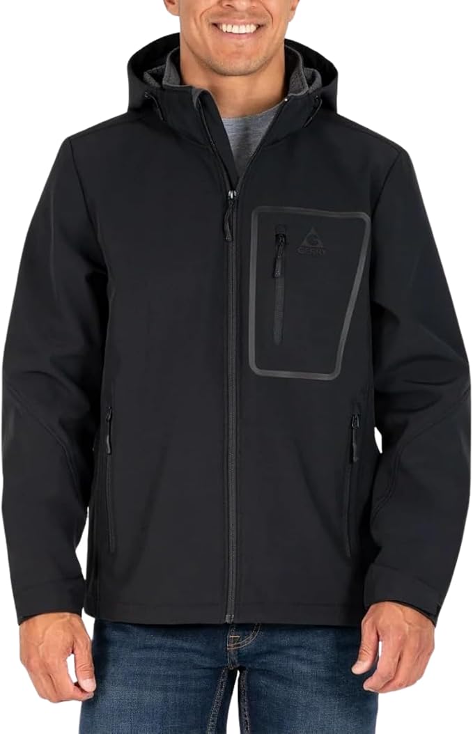 Gerry Men’s Softshell Jacket – Water & Wind Resistant  Adjustable Hood & Cuffs  Heavyweight Outdoor Coat (Black  Medium)