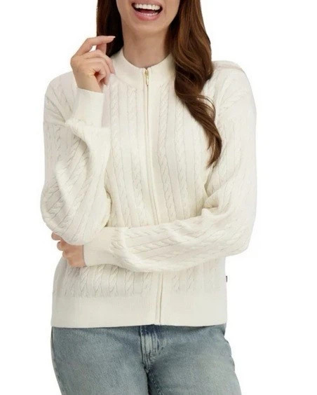 Nautica Jeans Women’s Cable Knit Full Zip Sweater Ivory Small