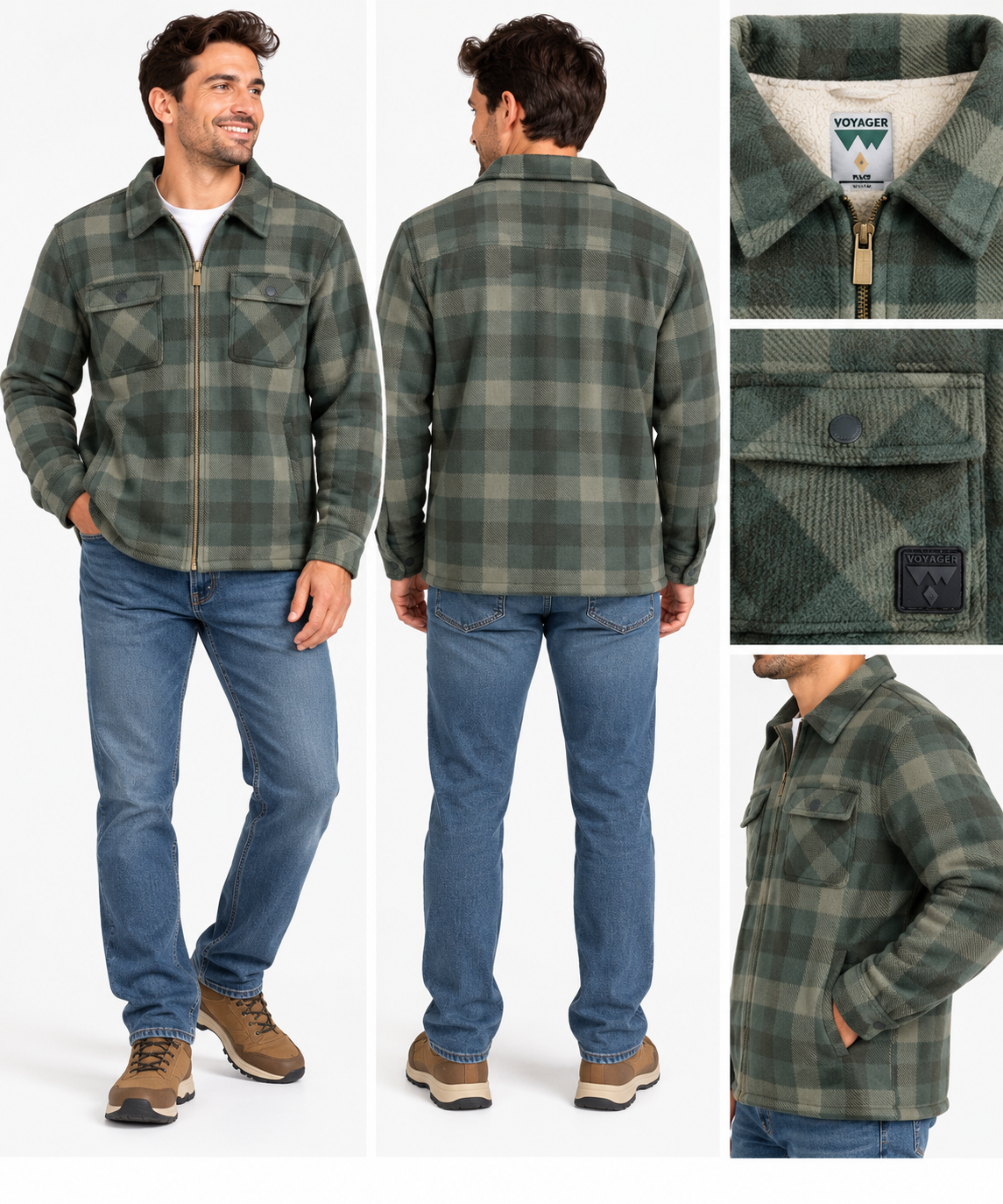 Voyager Men’s Green Plaid Shirt Jacket Lined Outerwear Full-Zip
