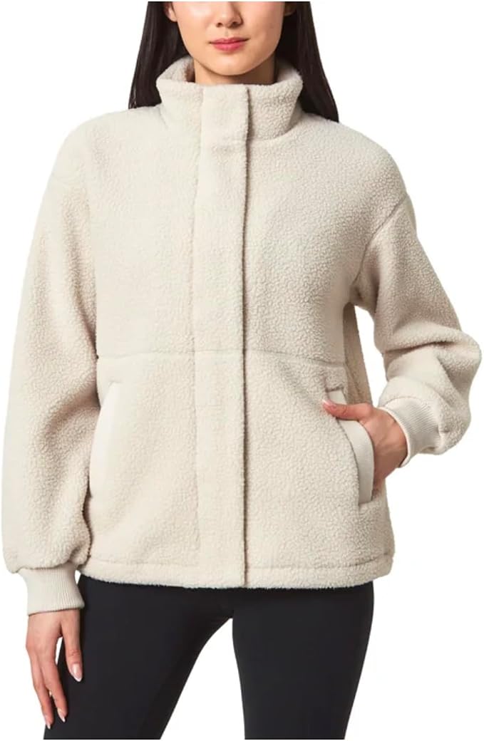 Mondetta Women S Sherpa Full Zip Short Fleece Jacket with Pockets White XL