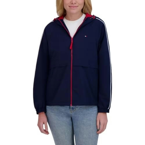 Tommy Hilfiger Women’s Windbreaker Jacket, Lightweight Hooded (Blue, Large)